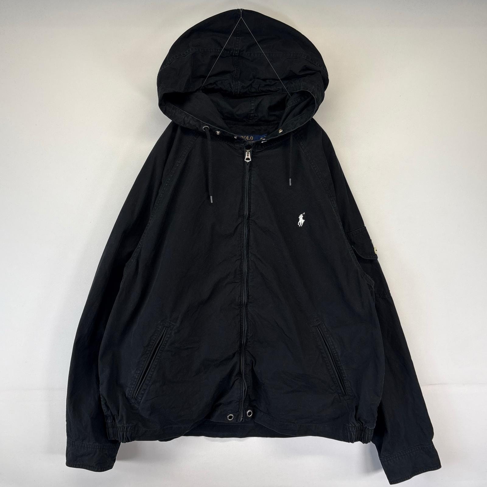 古着 ポロ・ラルフローレン POLO RALPH LAUREN コットンジャケット フルジップ ワンポイントロゴ フーディ スウィングトップ 2XL  ブラック メンズ