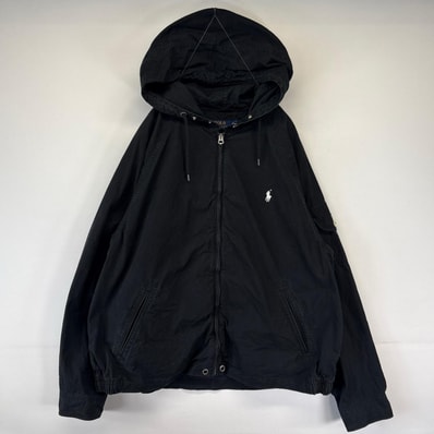 古着 ポロ・ラルフローレン POLO RALPH LAUREN コットンジャケット フルジップ ワンポイントロゴ フーディ スウィングトップ 2XL ブラック メンズ
