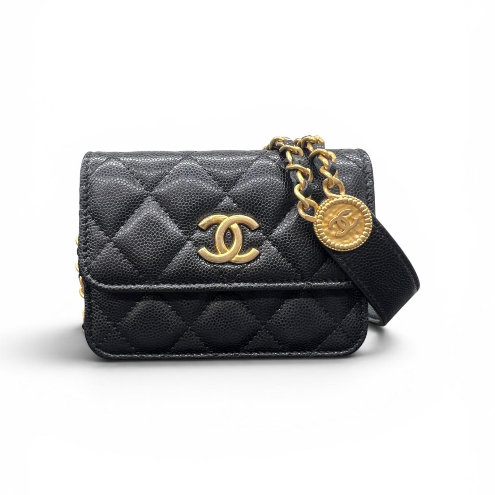 CHANEL 極美品 シャネル ミニマトラッセ ココマーク チェーンショルダーバッグ AP2857 キャビアスキン グレインドカーフ 新型シリアル ブラック ゴールド金具 ポシェット Aランク 中古 鑑定済 シャネルバッグ