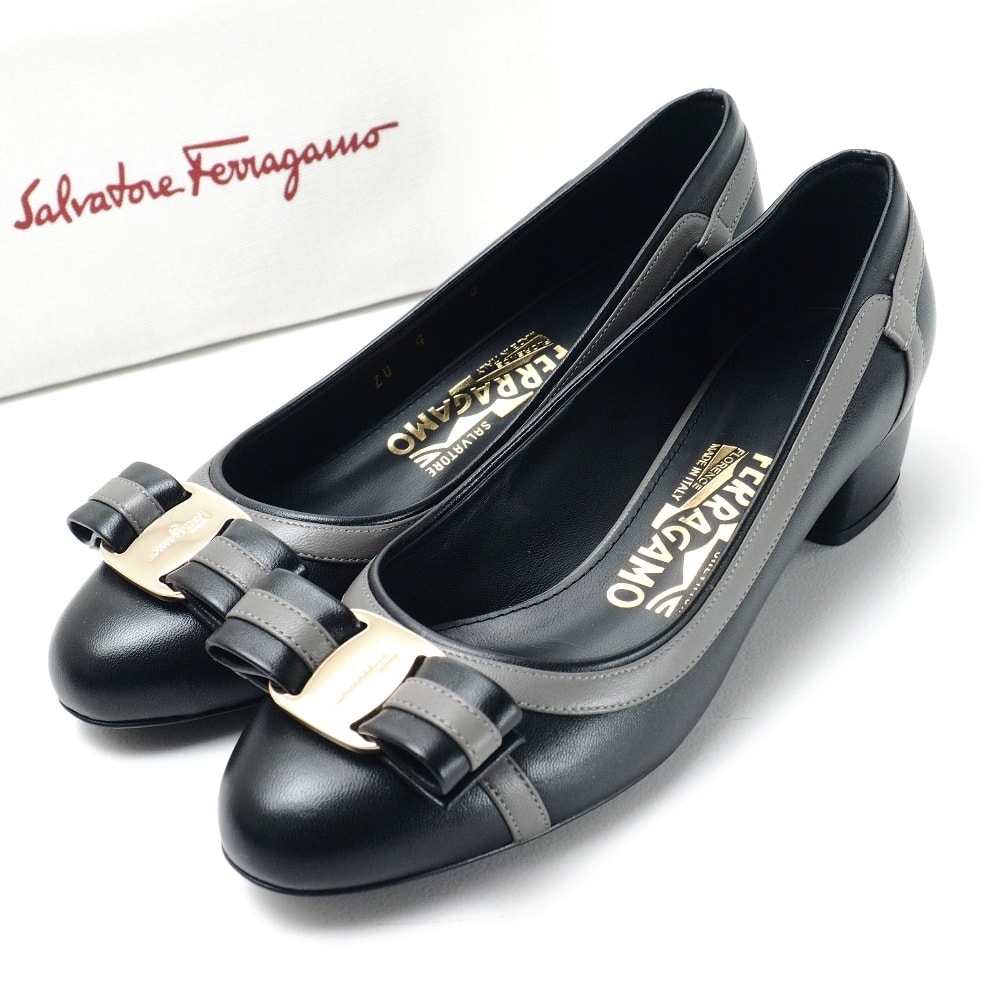 ■美品■Salvatore Ferragamo サルヴァトーレフェラガモ パンプス サイズ4 ヴァラリボン チャンキーヒール ブランド古着【中古】20260417/RA9015