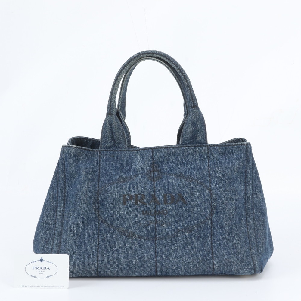 ■美品 プラダカナパ デニム ブルー トライアングルロゴ B1877B