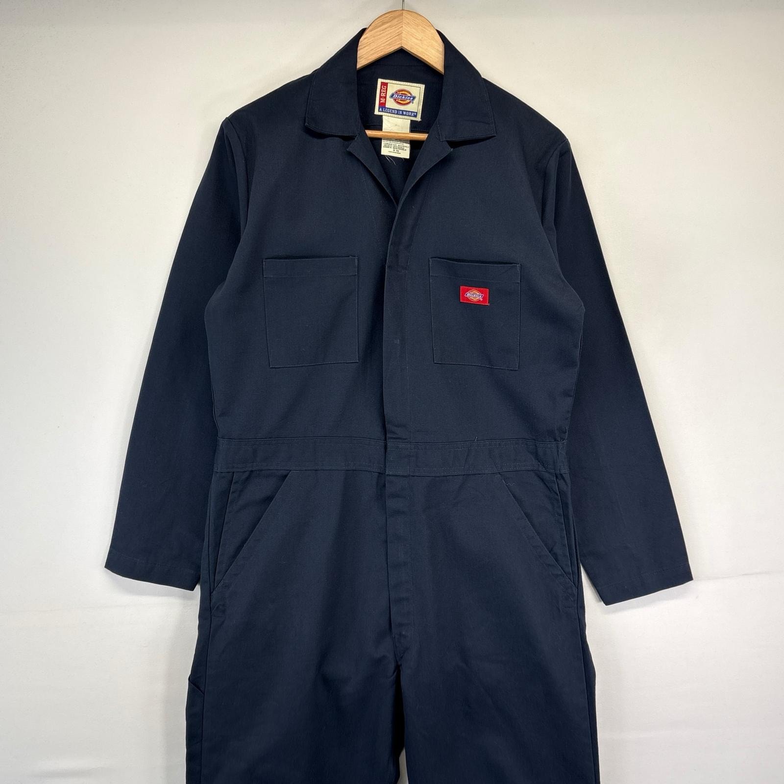 古着 ディッキーズ Dickies 長袖つなぎ ワンポイントロゴ ワーク オールインワン 胸ポケット 作業着 M  ネイビー メンズ