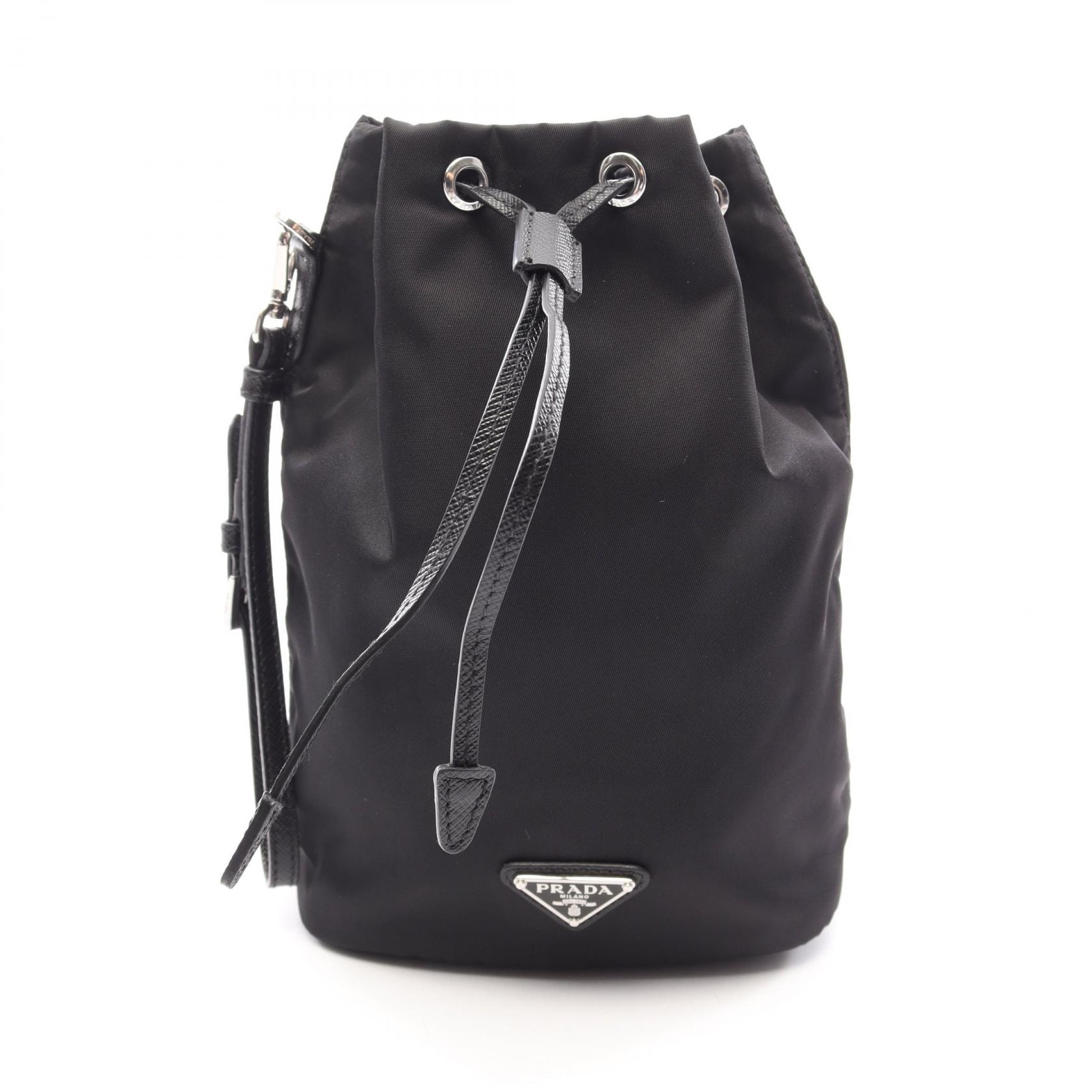プラダ PRADA 巾着 ポーチ バッグ ナイロン サフィアーノレザー レディース ブラック系 【中古】