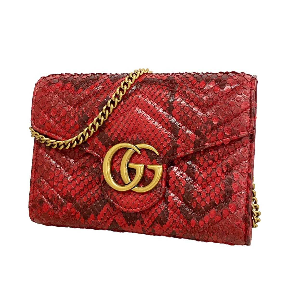 ★最終価格★SALE【6hb1201-k】グッチ ショルダーウォレット GGマーモント 474575 パイソン レッド ゴールド金具【中古】レディース