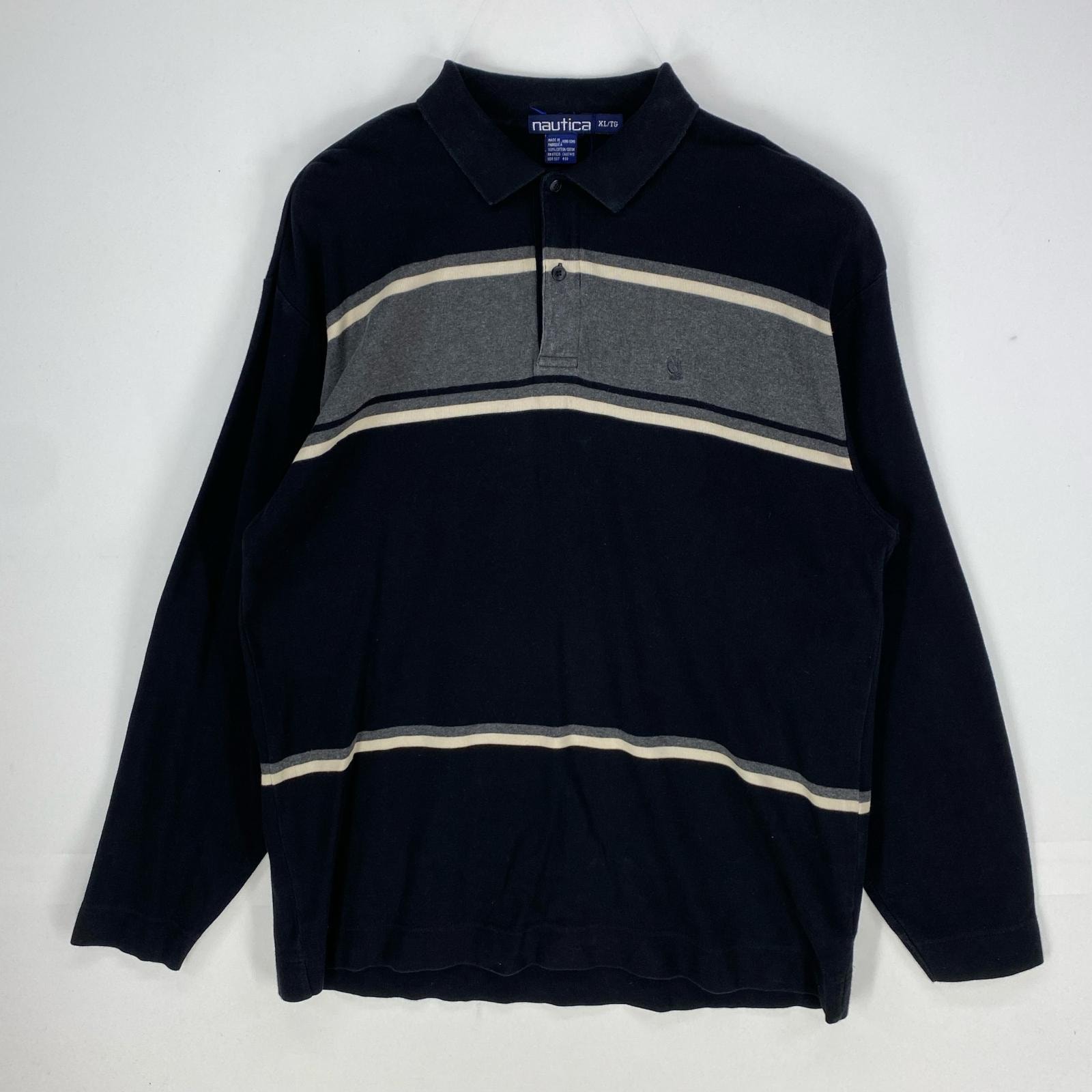 古着 90's/90年代 ノーティカ NAUTICA 長袖シャツ スウェット ハーフボタン ワンポイント ポロシャツ XL ブラック系 メンズ