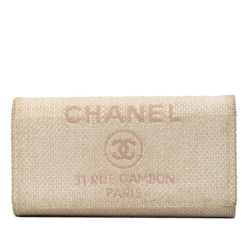 シャネル ココマーク ドーヴィル 長財布 ホワイト ピンク ツイード レディース CHANEL 中古