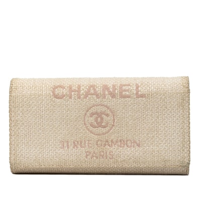 シャネル ココマーク ドーヴィル 長財布 ホワイト ピンク ツイード レディース CHANEL 中古
