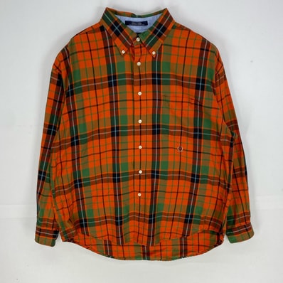 古着 トミーヒルフィガー TOMMY HILFIGER 長袖シャツ ボタンダウン 胸ポケット 刺繍ロゴ XL オレンジ系 チェック メンズ