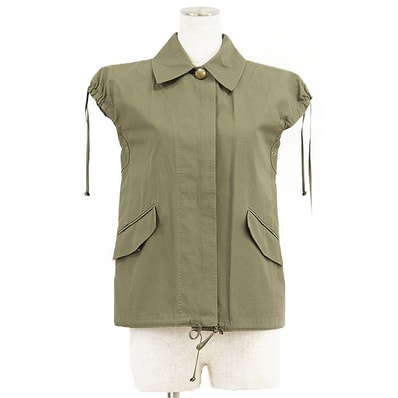 【SALE】LOUIS VUITTON ルイ・ヴィトン ミリタリーベスト リラックスフィット コットン100% リップストップ ギャザー / ドローコード ノースリーブ アウター レディース サイズ 34 オリーブ フランス製