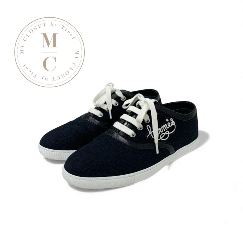 エルメス HERMES イノサン スニーカー 靴 シューズ キャンバス レザー ブラック 黒 ロゴ 刺繍 ワッペン