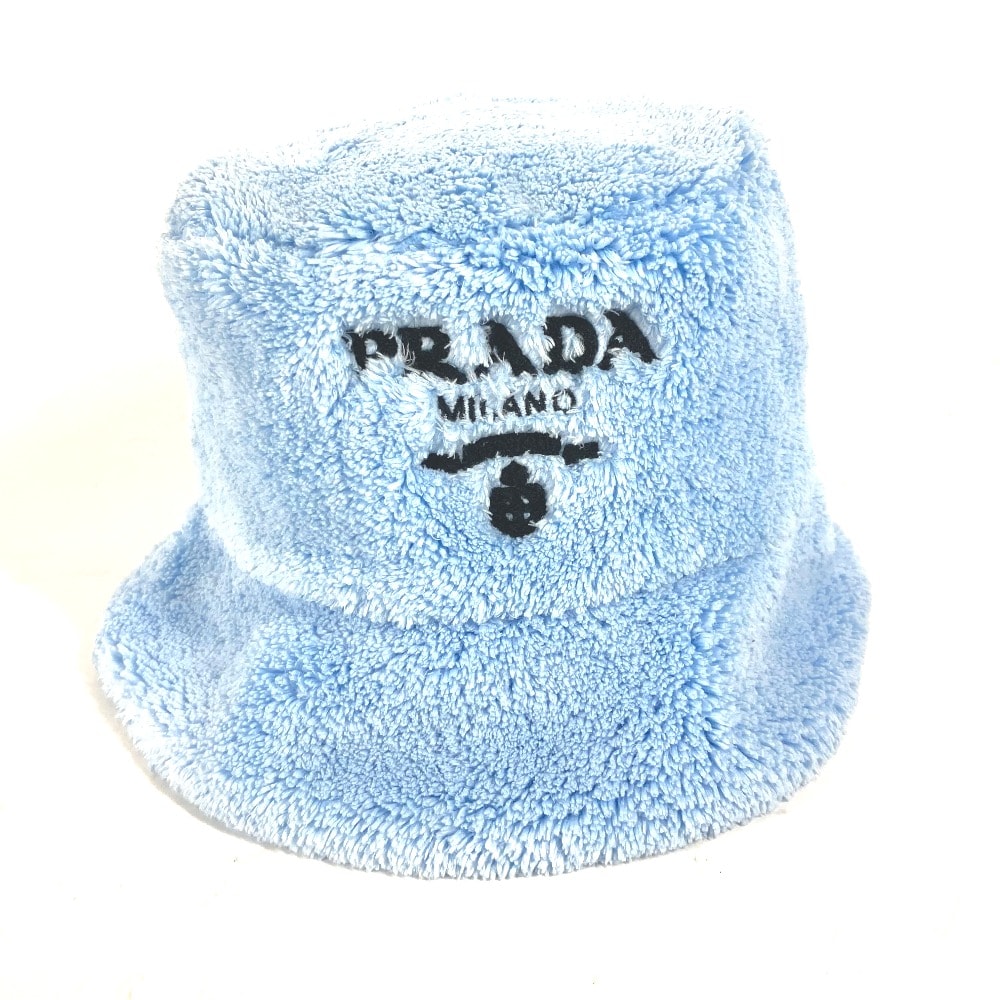 プラダ PRADA ロゴ 1HC137 ファー バケットハット 帽子 パイル ハット ポリエステル ブルー