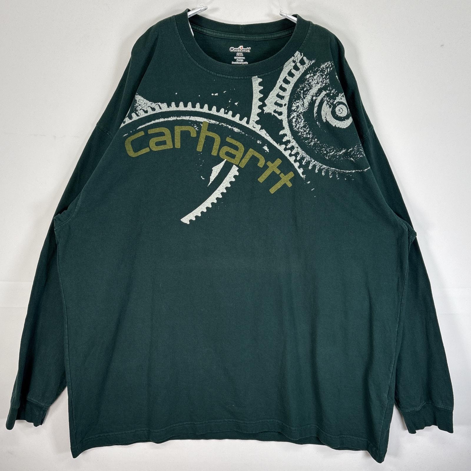古着 カーハート Carhartt 長袖Tシャツ ラバープリント 大きいサイズ 肉厚 クルーネック 2XL  グリーン メンズ