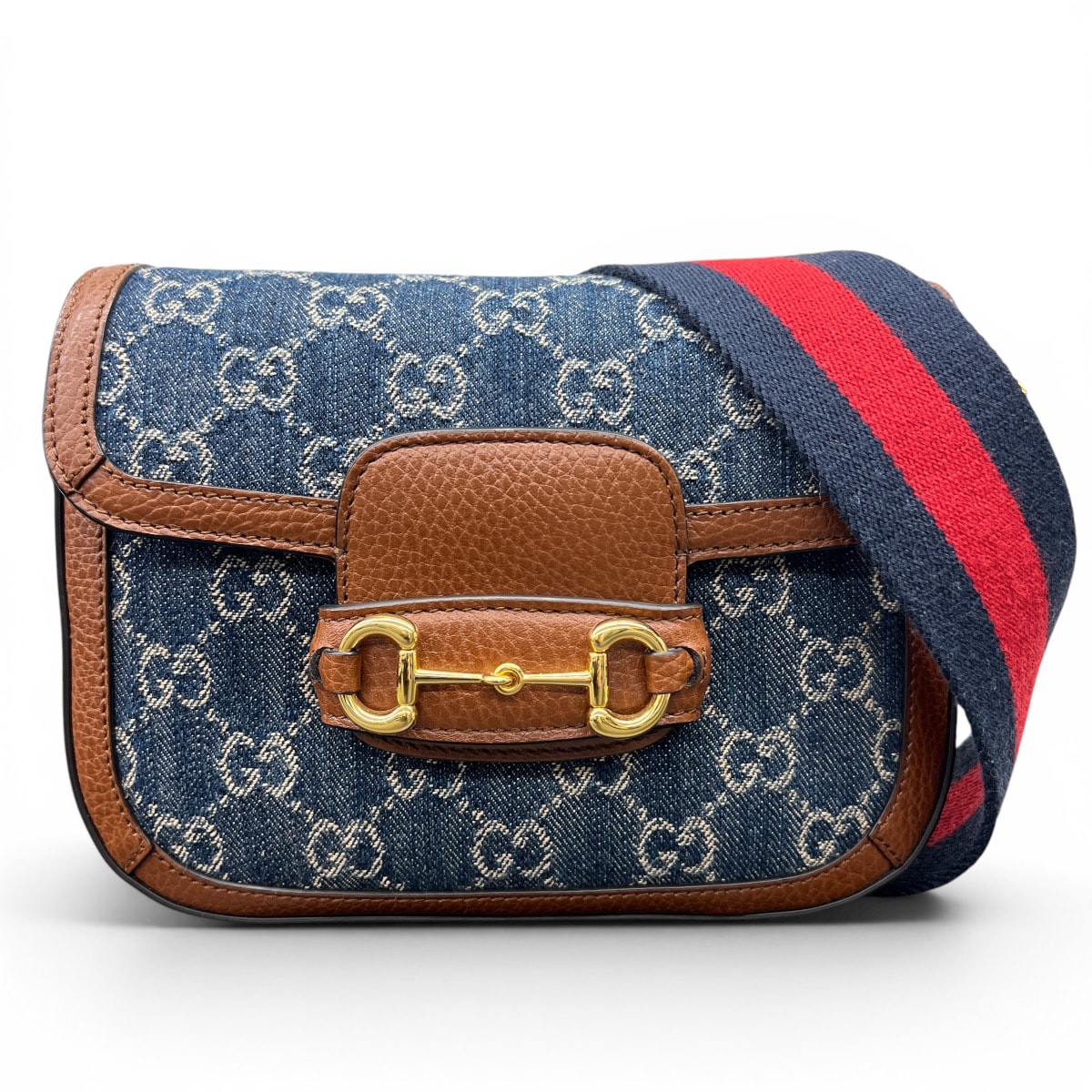 GUCCI 希少 極美品 グッチ ホースビット 1955 スモール ショルダーバッグ デニム 658574 デニム レザー ブルー ブラウン ショルダーストラップ2本付属 クロスボディ ウェブ GGプラス Aランク 中古 鑑定済 グッチバッグ