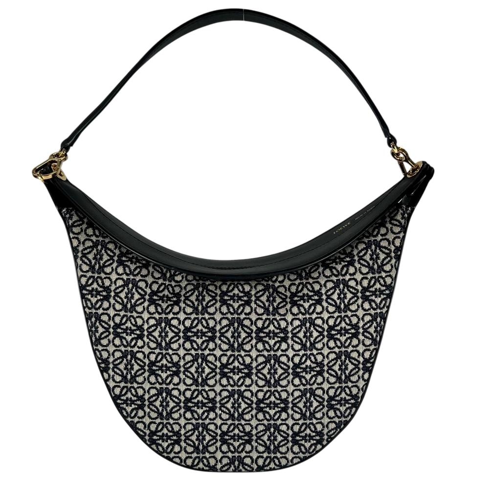 LOEWE ロエベ ハンドバッグ ルナ アナグラム 肩掛け ハーフムーン 総柄 ワンショルダー  アナグラムジャガード  カーフスキン  ブラック 黒 ネイビー 紺 ゴールド金具 レディース 美品【中古品】