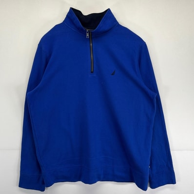 古着 ノーティカ NAUTICA スウェット 大きいサイズ ハーフジップ トレーナー プルオーバー ワンポイントロゴ刺繍 XL ブルー メンズ