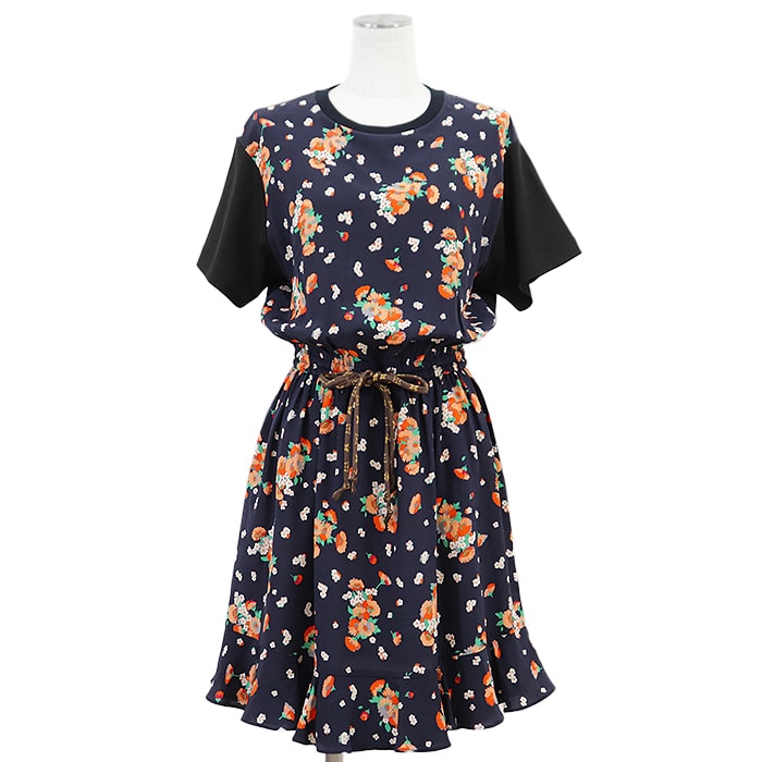 【美品】LOUIS VUITTON ルイ・ヴィトン ワンピース レディース サイズ L 2019SS 花柄 プリント クレープ × カットソー LV モノグラム ドローコード プルオーバー 半袖 ドレス ネイビー ブラック マルチカラー 黒 紺 イタリア製