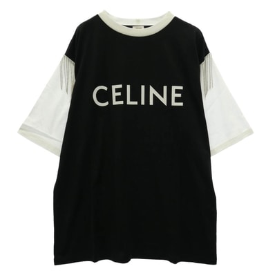 CELINE セリーヌ 22AW 2X29C671Q Fringe Oversized Logo Print T-Shirt フリンジ ビジュー オーバーサイズ ロゴ プリント Tシャツ ブラック系 XS【新古品】【未使用】【中古】
