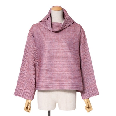 ■美品■PLEATS PLEASE ISSEY MIYAKE プリーツプリーズ イッセイミヤケ カットソー サイズ3 プリーツ プルオーバー ハイネック ドルマンスリーブ レッド/パープル ブランド古着【中古】20250129/RA3080