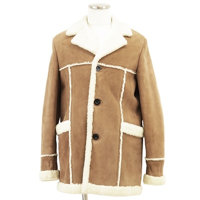 LOEWE ロエベ コート ムートン サイズ 48 メンズ ラムスキン ロゴ カーフレザー ロゴ アナグラム 内ポケット 切替 ジャケット アウター キャメル アイボリー スペイン製