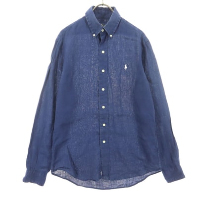 RALPH LAUREN ラルフローレン ワンポイントロゴ 長袖 ボタンダウン リネンシャツ XS ネイビー