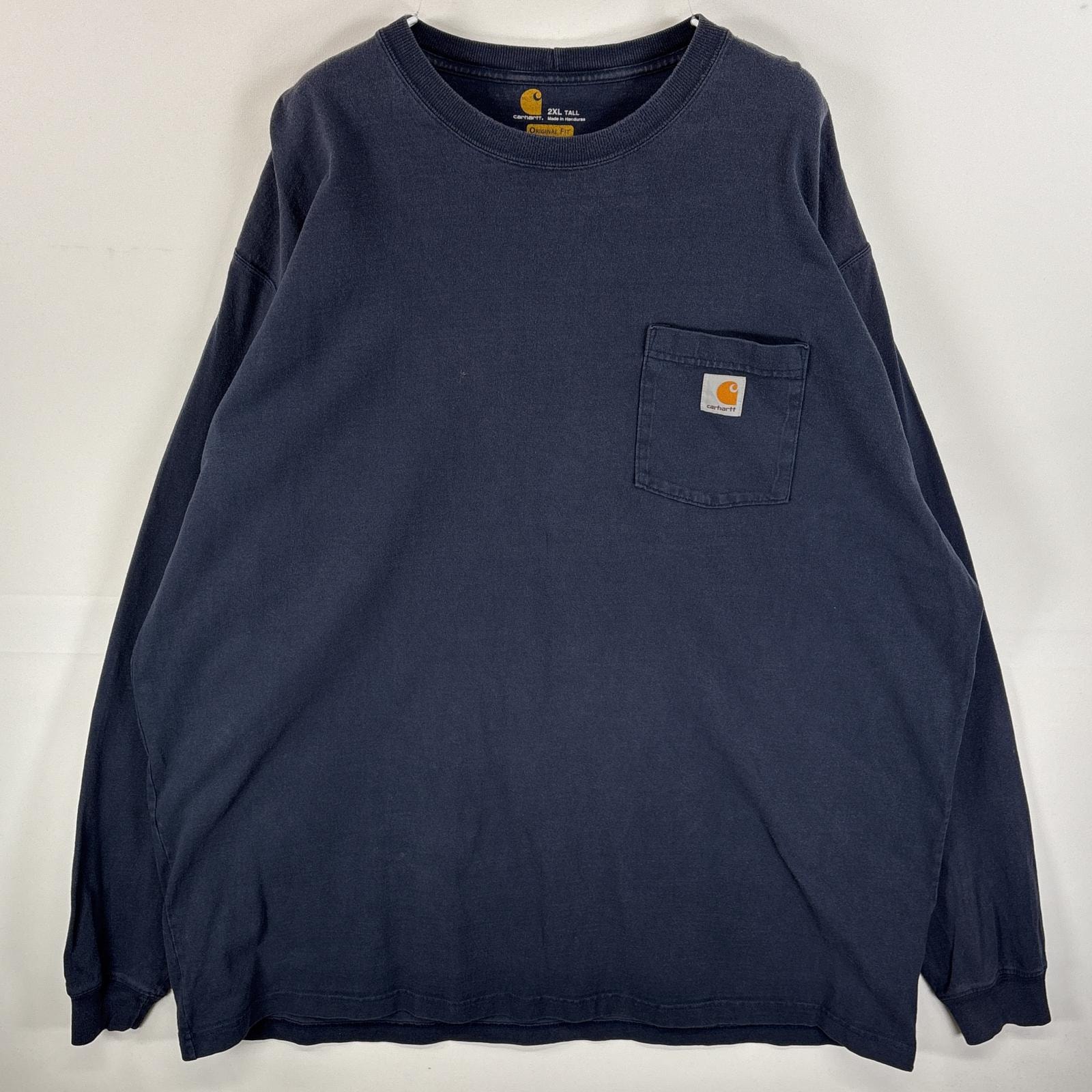 古着 カーハート Carhartt 長袖Tシャツ 肉厚 大きいサイズ ワンポイント ロゴ 2XL TALL  ネイビー 無地 メンズ