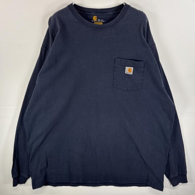 古着 カーハート Carhartt 長袖Tシャツ 肉厚 大きいサイズ ワンポイント ロゴ 2XL TALL ネイビー 無地 メンズ