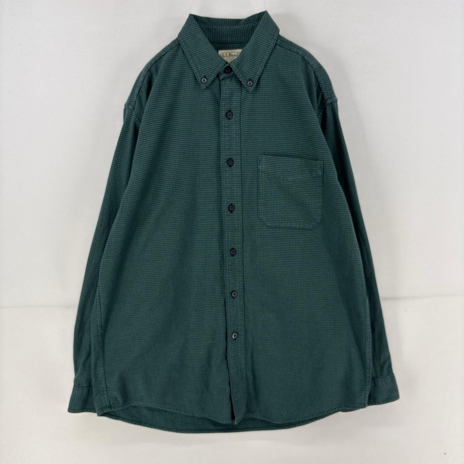 古着 エルエルビーン L.L.Bean 長袖シャツ 胸ポケット ネルシャツ 千鳥柄 チェック M  グリーン系 メンズ