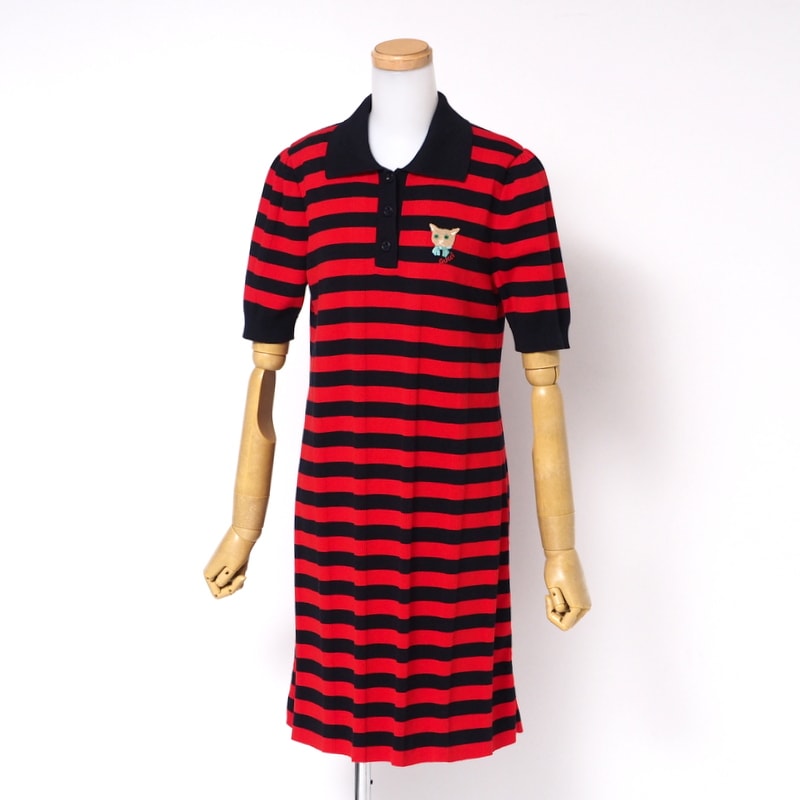■美品■GUCCI グッチ ワンピース サイズM ニットワンピース 半袖 ボーダー 刺繍 イタリア製 ブランド古着【中古】20240902/RA1067