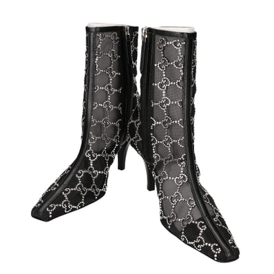 グッチ 【新品同様】GG Crystal Black Mesh Motif Ankle Boots GGモノグラム クリスタル メッシュ アンクルブーツ 35 1/2