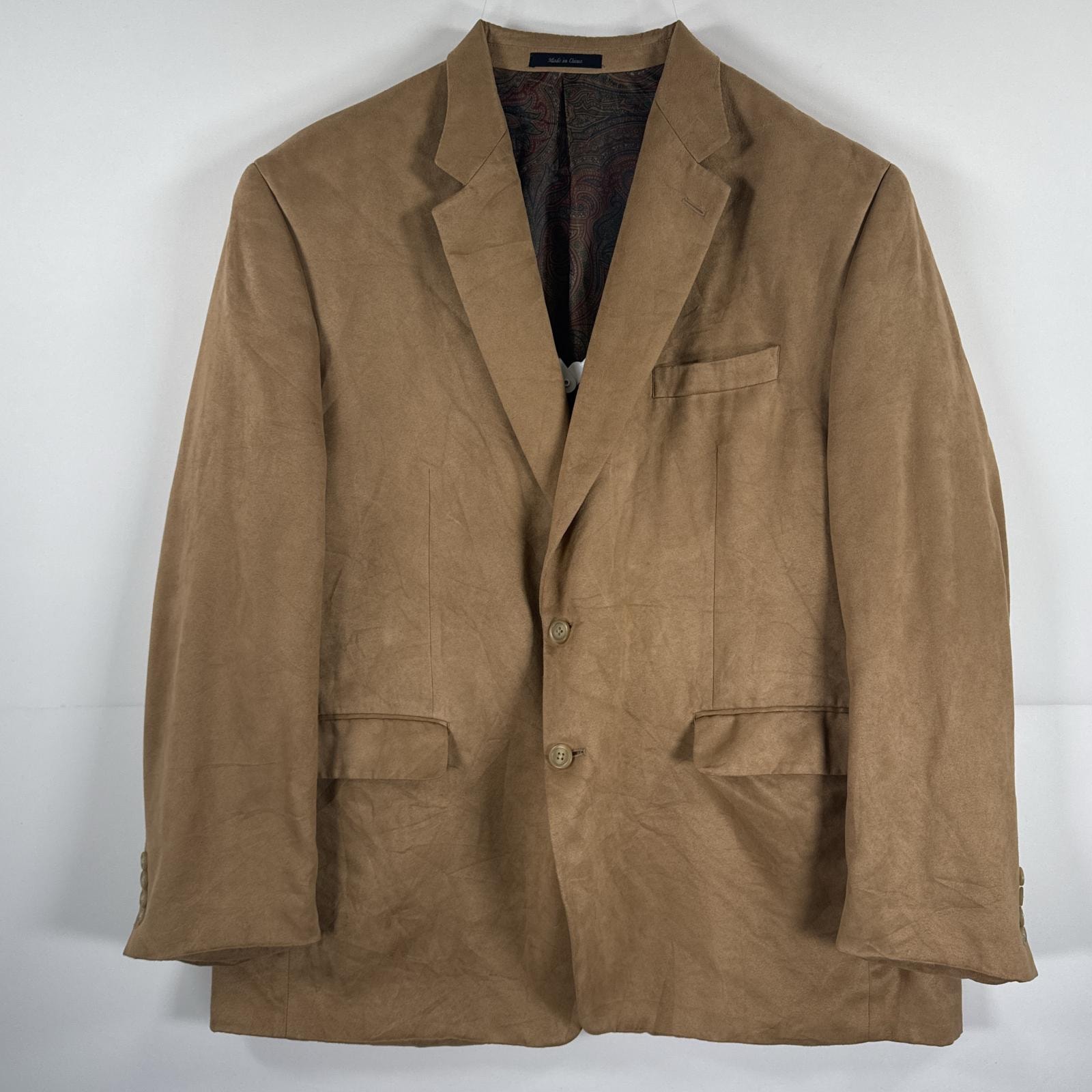 古着 ローレンラルフローレン LaurenRalphLauren テーラードジャケット フェイク スエード レザー ブレザー スーツ 裏地 ペイズリー柄 大きいサイズ 48R  ベージュ メンズ
