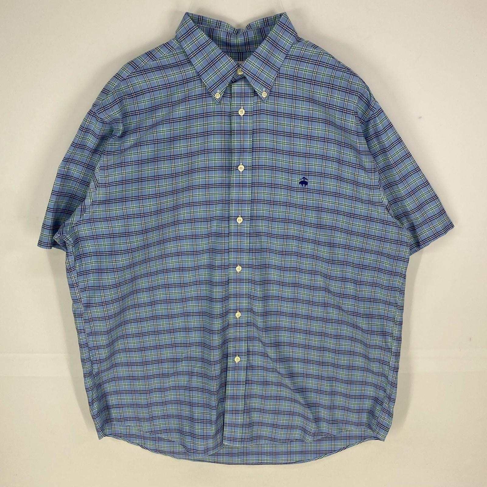 古着 ブルックスブラザーズ Brooks Brothers 半袖シャツ ワンポイント 刺繍ロゴ 346 大きいサイズ XL  ブルー系 チェック メンズ