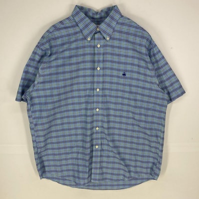 古着 ブルックスブラザーズ Brooks Brothers 半袖シャツ ワンポイント 刺繍ロゴ 346 大きいサイズ XL ブルー系 チェック メンズ