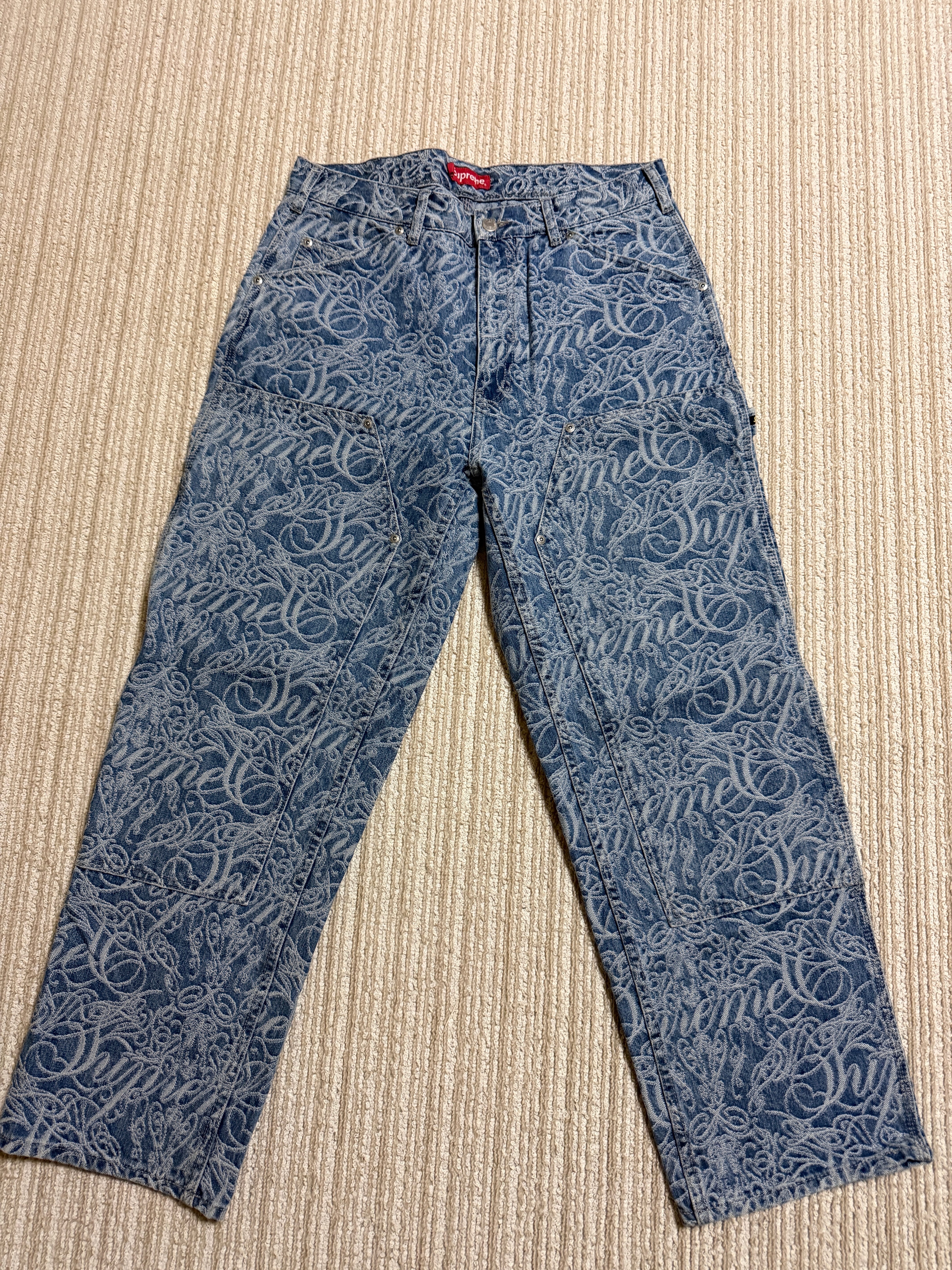 Supreme Script Jacquard Double Knee Denim Painter Pant "Washed Blue"