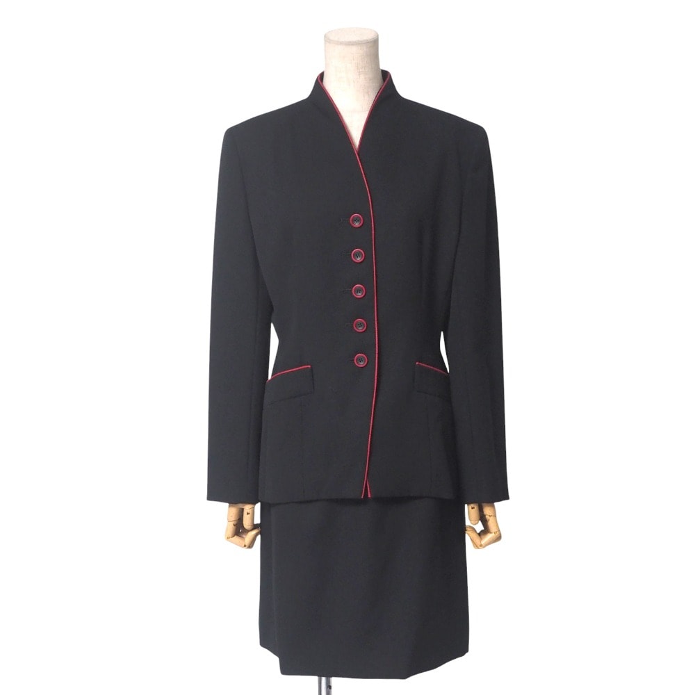 ■美品■Christian Dior クリスチャンディオール ヴィンテージ スカートスーツ サイズ9 ノーカラー ペプラム ジャケット ブレザー パイピング ミニ スカート ブランド古着【中古】20250520/RA4750