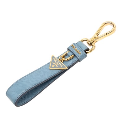 プラダ 三角ロゴプレート チャーム バッグチャーム ライトブルー ゴールド メッキ サフィアーノレザー レディース PRADA 【中古】