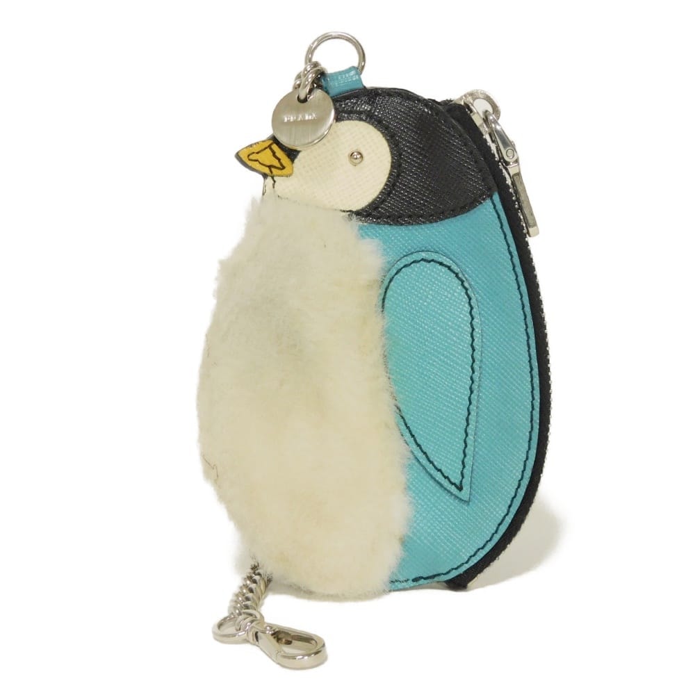PRADA プラダ サフィアーノ ペンギン チェーン コインパース カーフ ライトブルー ファー ホワイト ロゴ メダリオン ヴォヤージュ コインケース 1ARE87 2APJ F072P