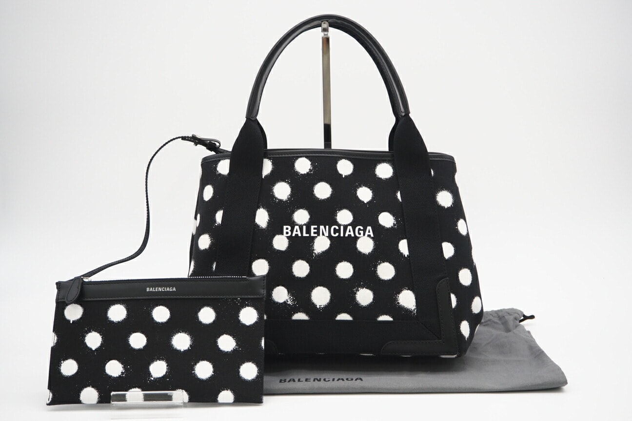 美品 BALENCIAGA バレンシアガ Navy スモール カバス ドット柄 キャンバス トート 339933 2wayトートバッグ ブラック ホワイト キャンバス レディース