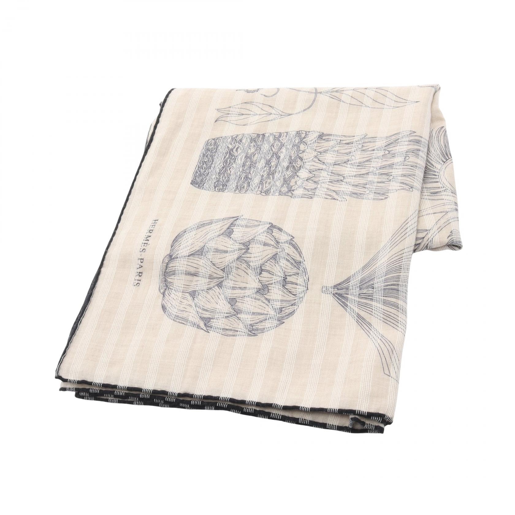 エルメス HERMES カレジェアン カレ140 INDEX PALMARUM スカーフ 衣料品 シルク カシミヤ シルク レディース ベージュ系 / ネイビー系 / マルチカラー 【中古】