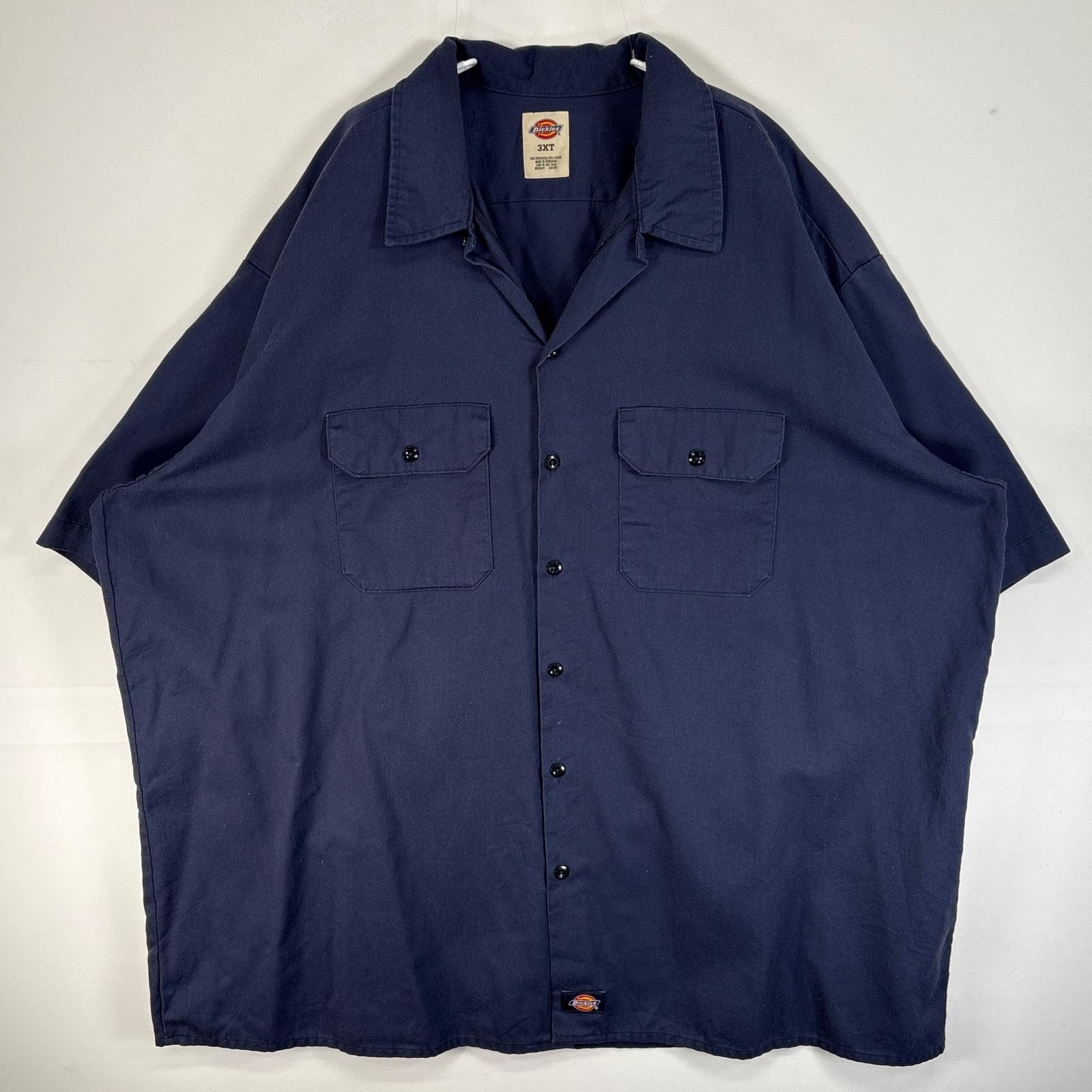 古着 ディッキーズ Dickies 半袖シャツ ワーク フラップポケ 作業着 大きいサイズ フェード ワンポイント ロゴ 3XL ネイビー 無地 メンズ