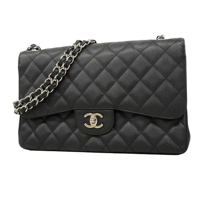 ★SALE【6fa0736】シャネル ショルダーバッグ デカマトラッセ Wフラップ Wチェーン キャビアスキン ブラック シルバー金具【中古】レディース