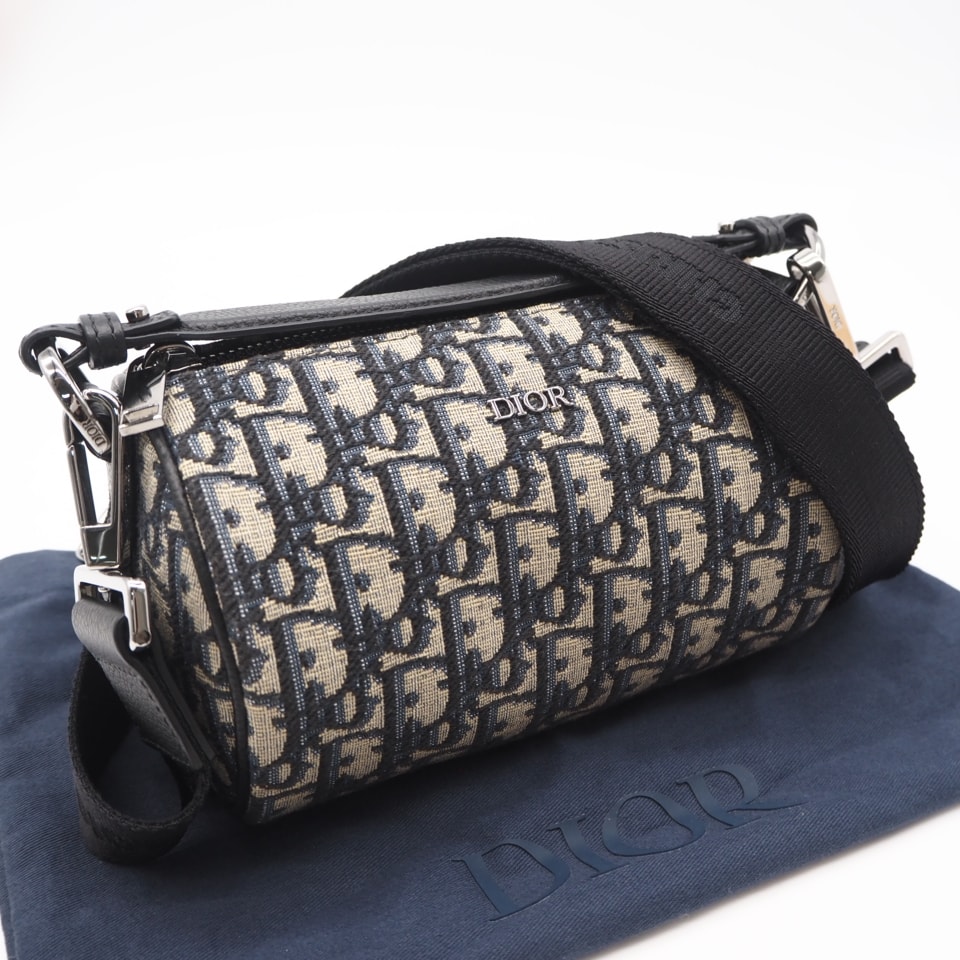 美品 Dior ディオール オブリークジャカード トロッター ミニローラーバッグ 1ROPO061 ショルダーバッグ ベージュ ネイビー キャンバス レザー メンズ