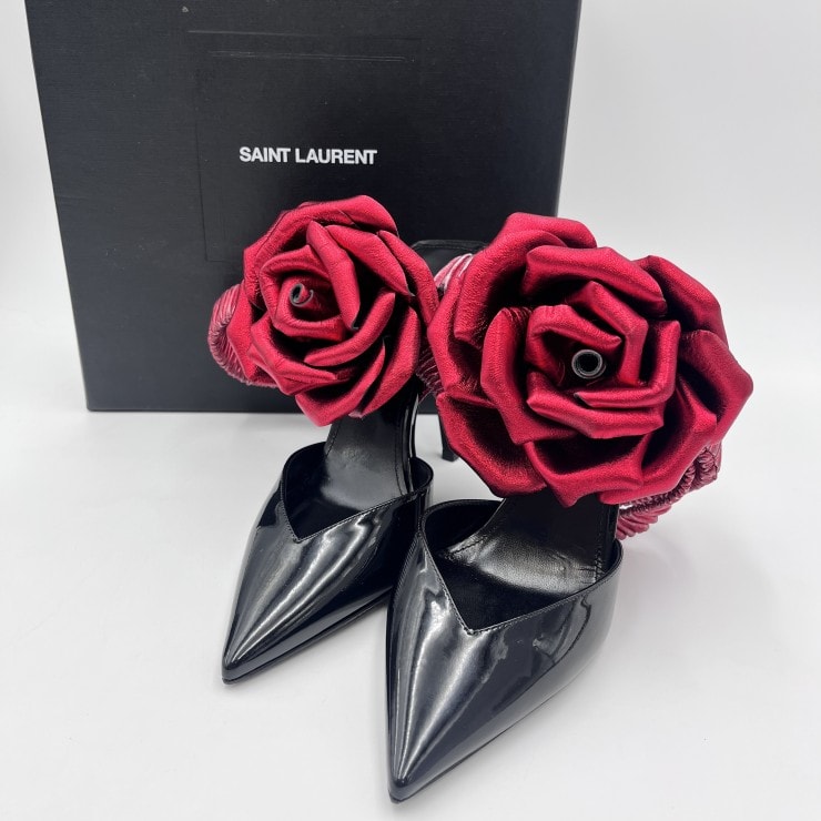 SAINT LAURENT(サンローラン)Freja 105 フラワーパンプス ポインテッドトゥパンプス ミュール ブラック レッド パテントレザー サイズ36 492924 D6CD0【中古】