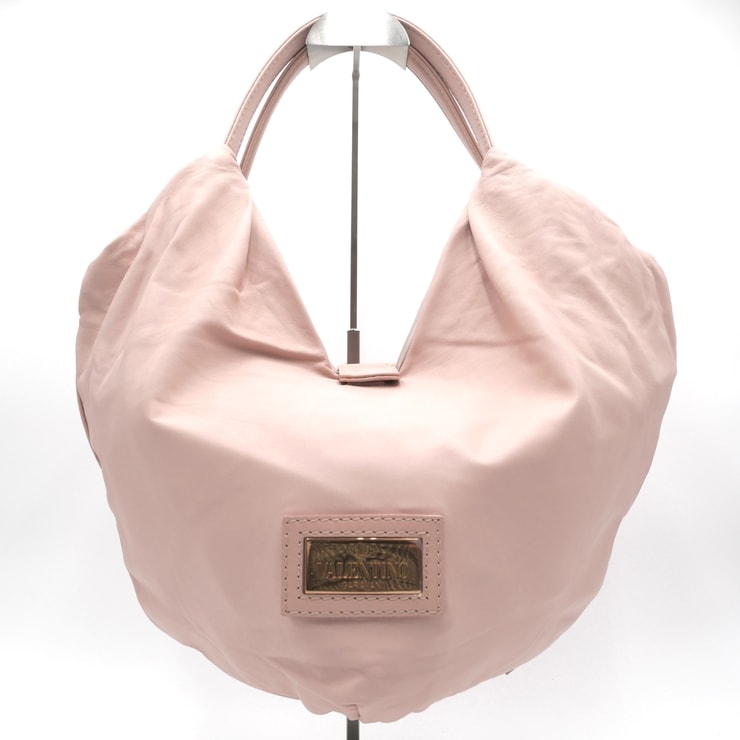 VALENTINO GARAVANI(ヴァレンティノ ガラヴァーニ)ホーボーバッグ ロゴプレート タック リボン ピンク レザー ゴールド金具 レディース【中古】
