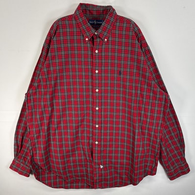 古着 90's/90年代 ラルフローレン RALPH LAUREN 長袖シャツ ロゴ 刺繍 ボタンダウン 大きいサイズ XL レッド系 チェック メンズ