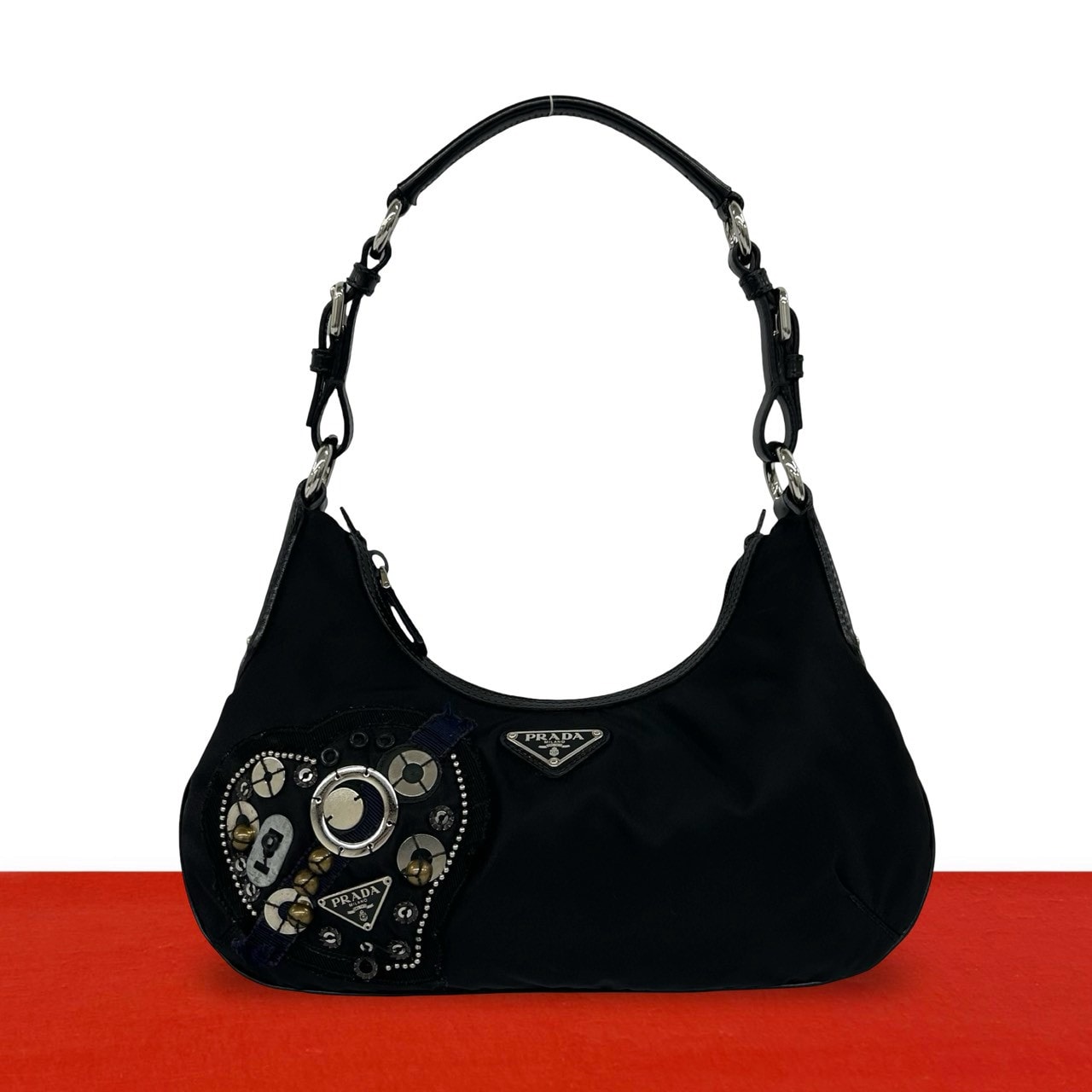 PRADA プラダ 三角 ロゴ 金具 ナイロン レザー ショルダーバッグ ブラック
32047