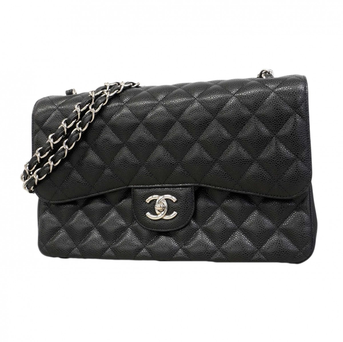 【6dc3560-h】シャネル ショルダーバッグ デカマトラッセ Wチェーン キャビアスキン ブラック シルバー金具【中古】レディース