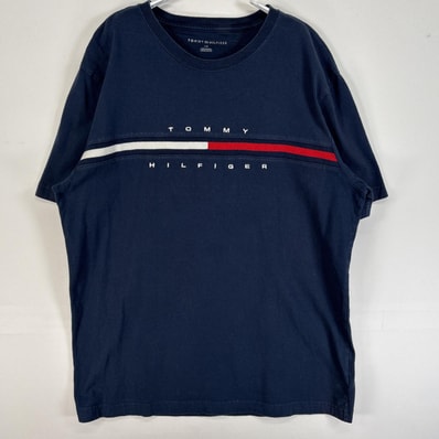 古着 トミーヒルフィガー TOMMY HILFIGER 半袖Tシャツ 刺繍 デザイン ロゴ クルーネック L ネイビー メンズ