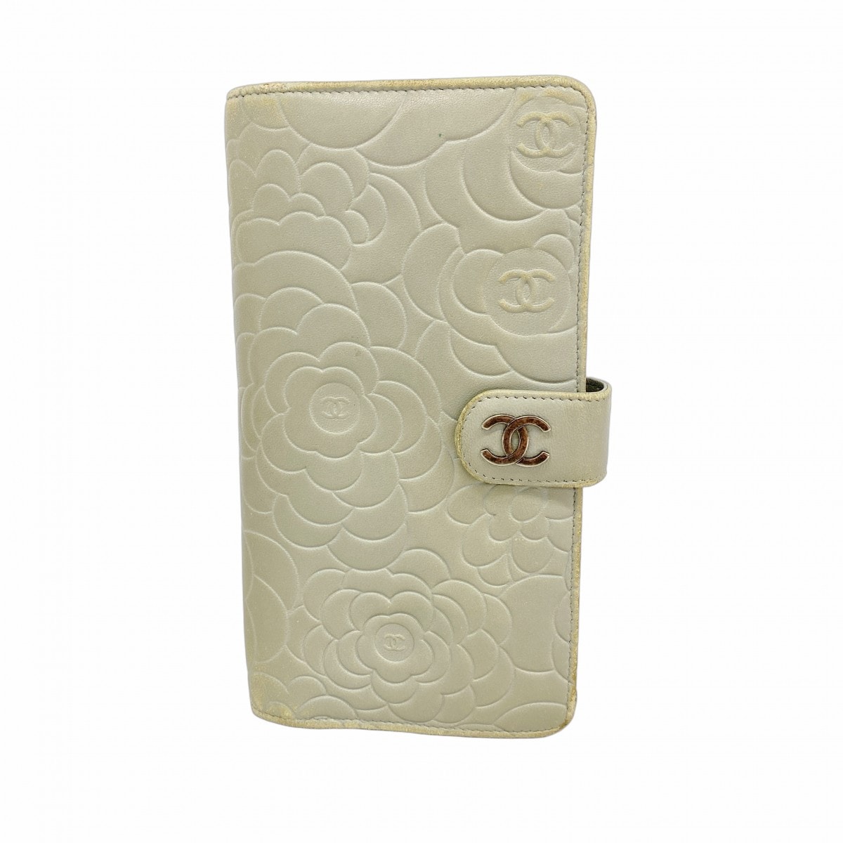 【6ce6094-k】シャネル 長財布 カメリア ラムスキン グレー シルバー金具【中古】レディース