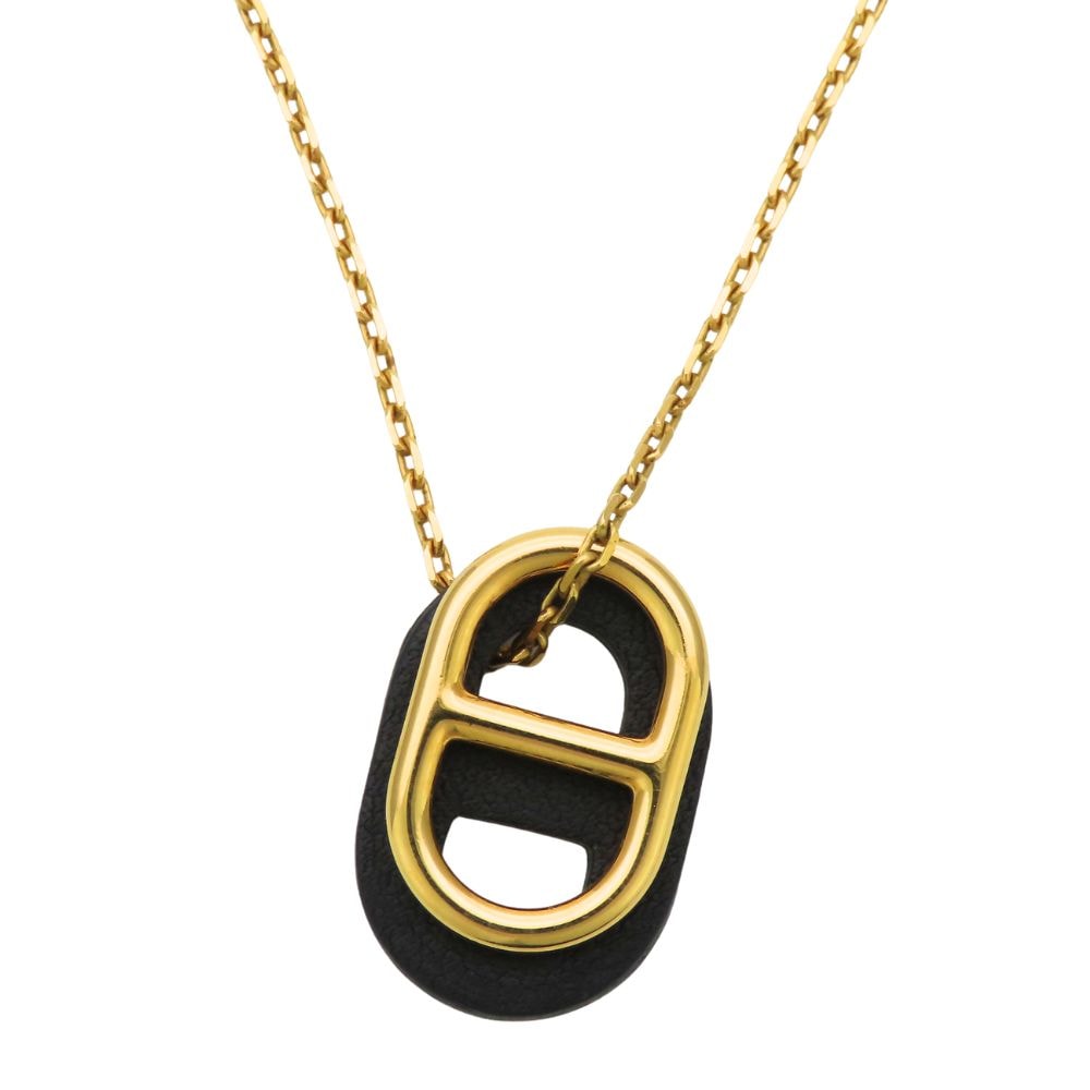 【中古】 エルメス ネックレス シェーヌダンクル メタル レザー ゴールド ブラック GP アクセサリー オーマイヨン レディース 女性 HERMES