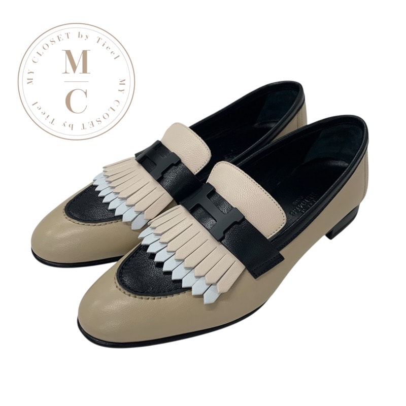 エルメス HERMES ロワイヤル ローファー 革靴 靴 シューズ レザー ベージュ ブラック ホワイト H金具 コンスタンス フリンジ モカシン フラットシューズ
